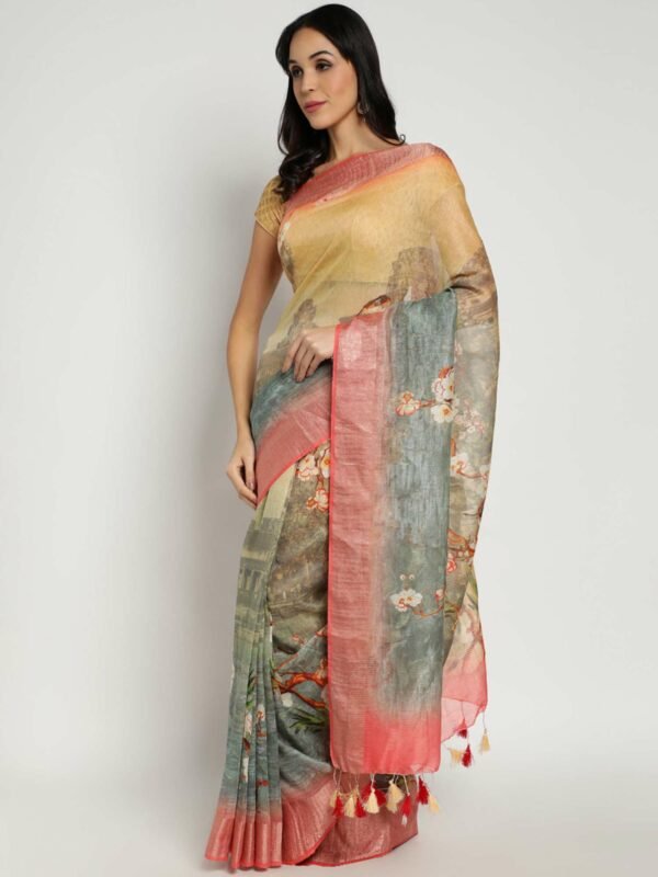 Grey Color Silk Linen Digital Print Saree