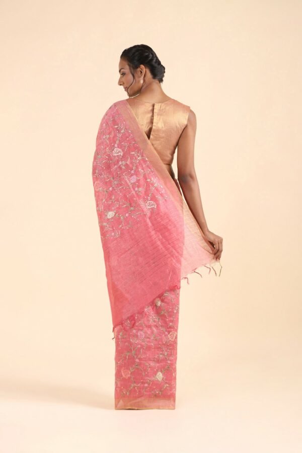 Pink Color Embroidery Silk Linen Saree