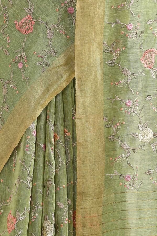 Light Green Color Embroidery Silk Linen Saree