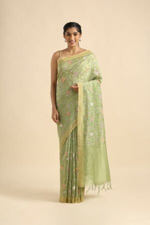 Light Green Color Embroidery Silk Linen Saree