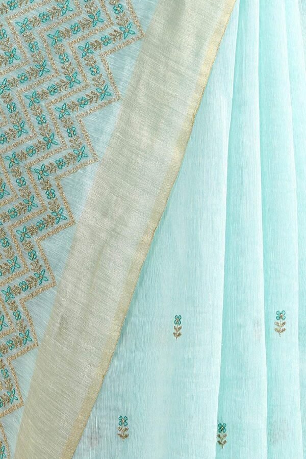 Sky Blue Color Embroidery Silk Linen Saree