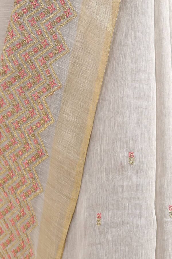 White Color Embroidery Silk Linen Saree