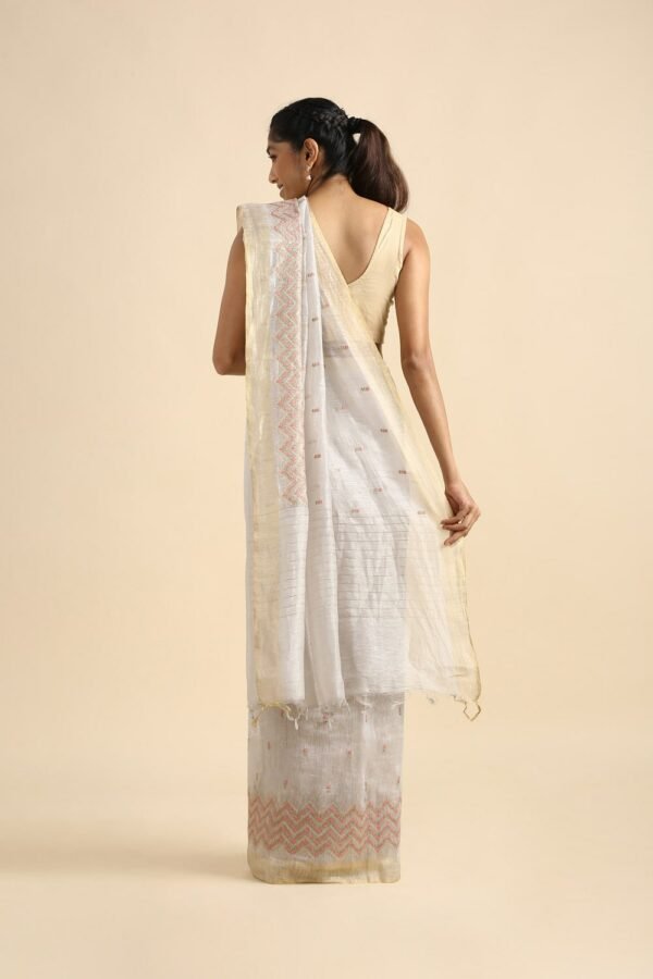 White Color Embroidery Silk Linen Saree