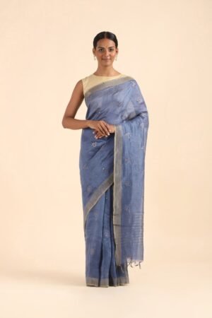 Blue Color Embroidery Silk Linen Saree