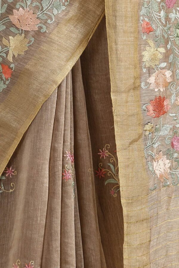 Golden Color Embroidery Silk Linen Saree