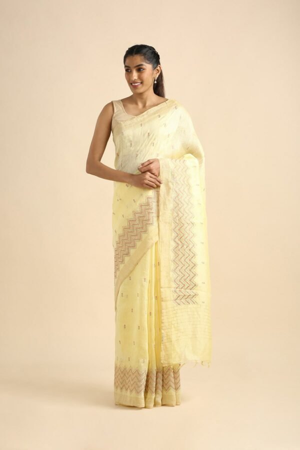 Cream Color Embroidery Silk Linen Saree