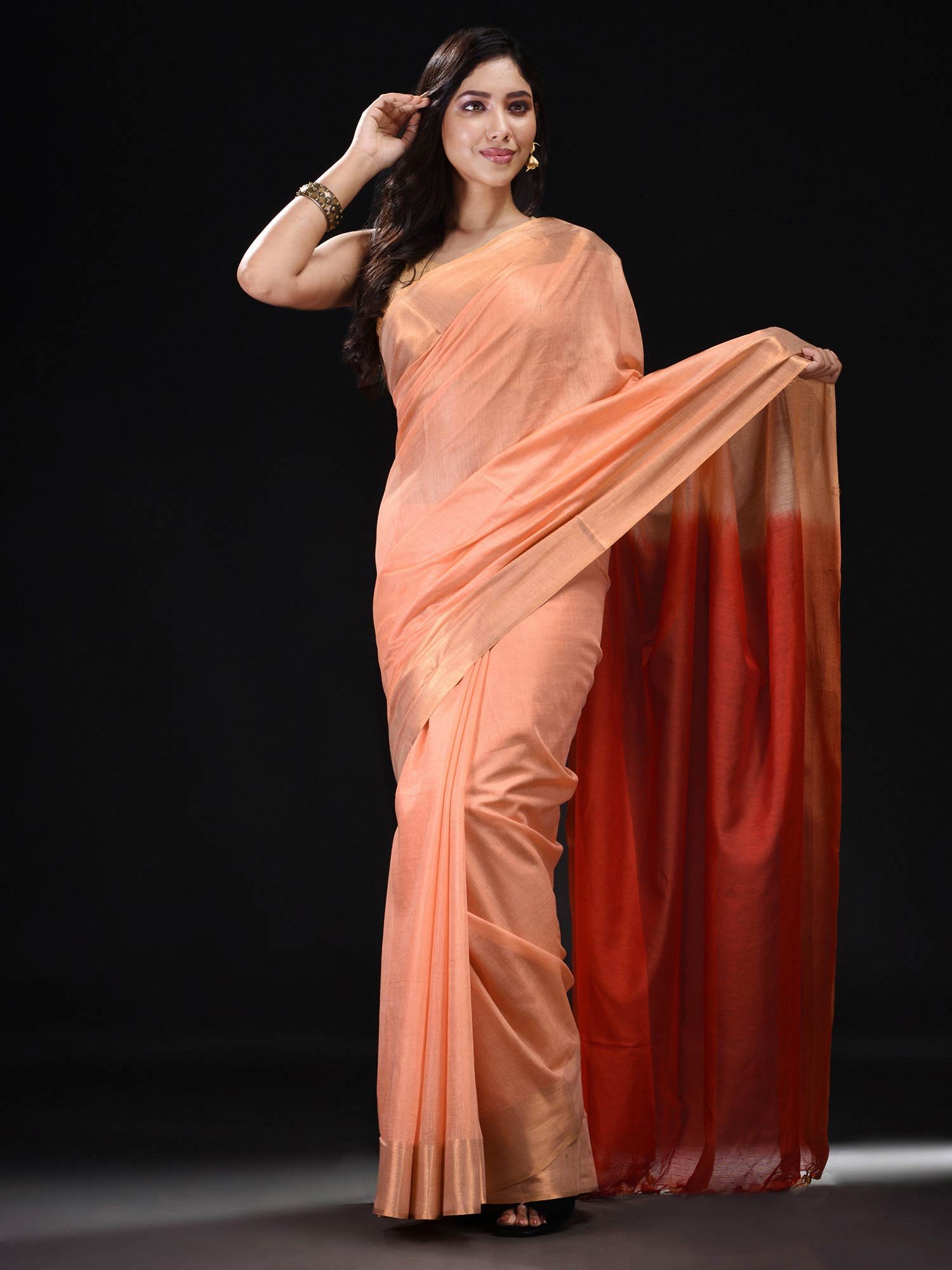 Peach plain satin saree with blouse - Thecrownlady - 3548097