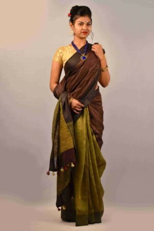 Brown Color Pure Linen Saree