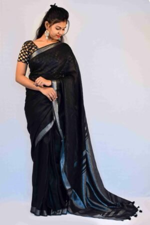 Black Color Pure Linen Saree