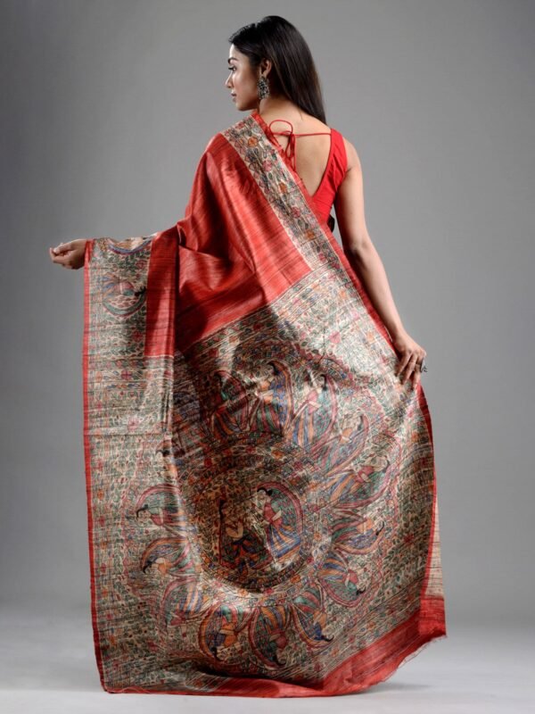 Red Color Madhubani Print Silk Saree