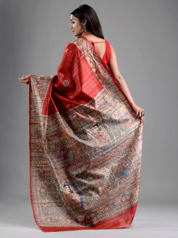 Red Color Madhubani Print Silk Saree