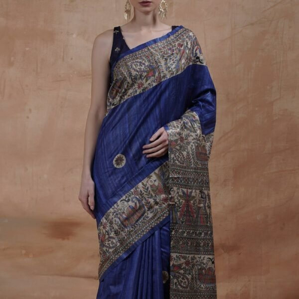 Blue Color Madhubani Print Silk Saree