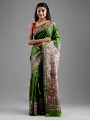 Green Color Madhubani Print Silk Saree