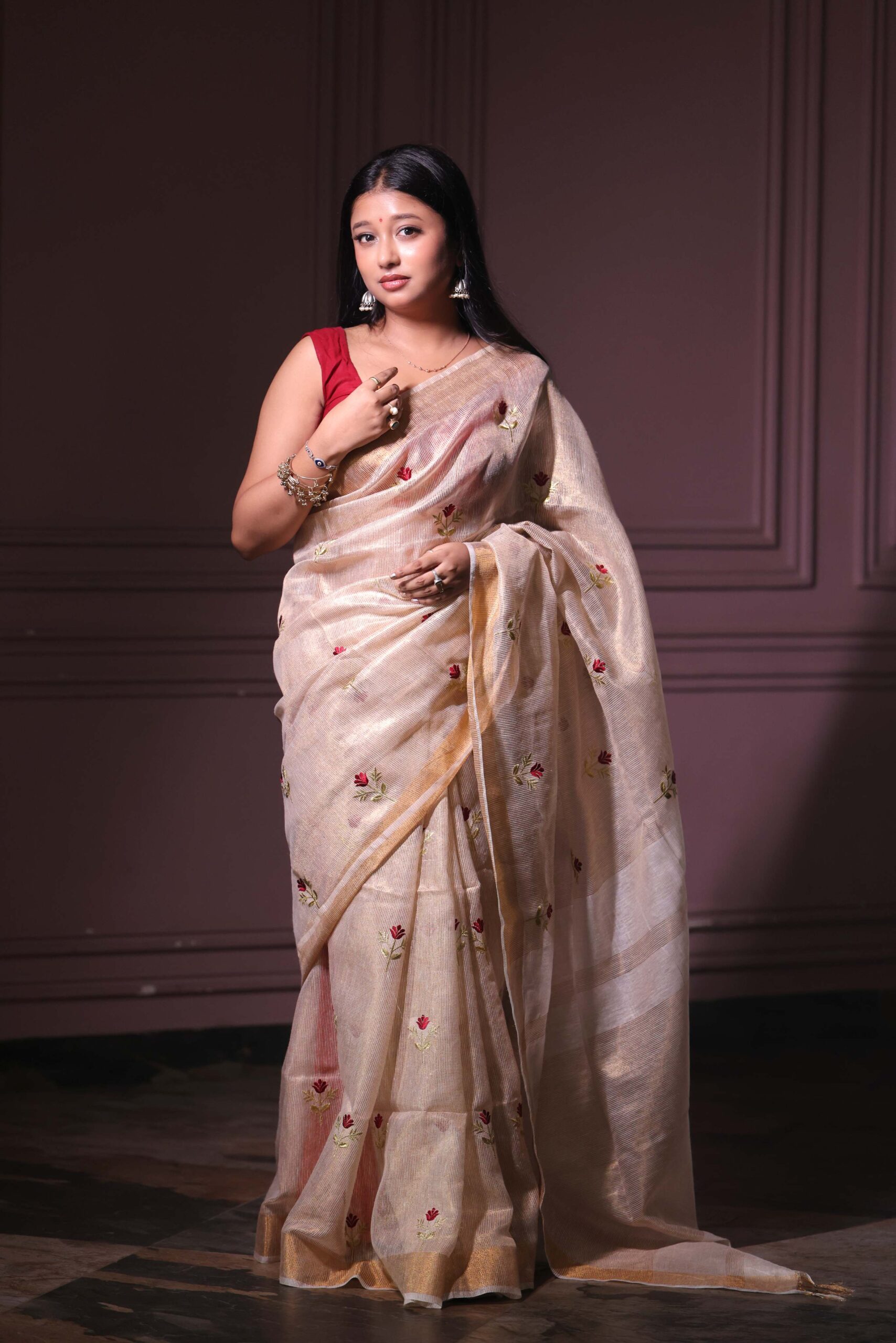 Tissue linen embroidery saree