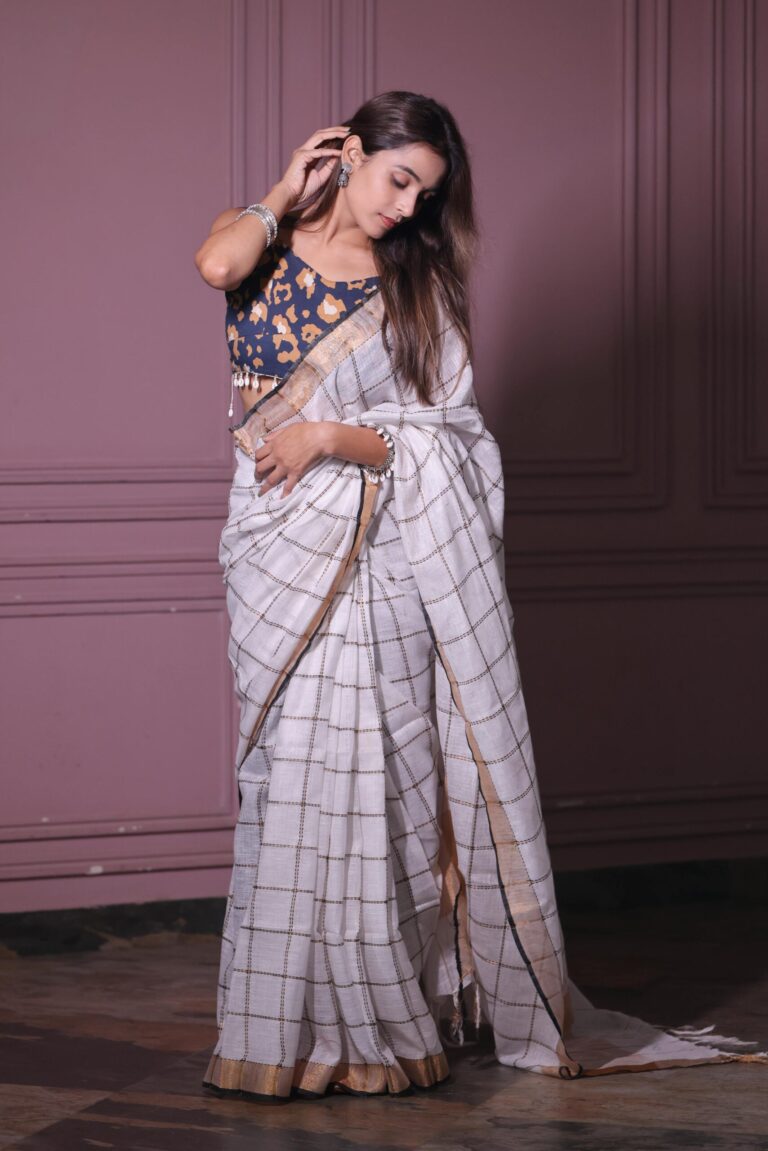 Premium Checks off white linen saree